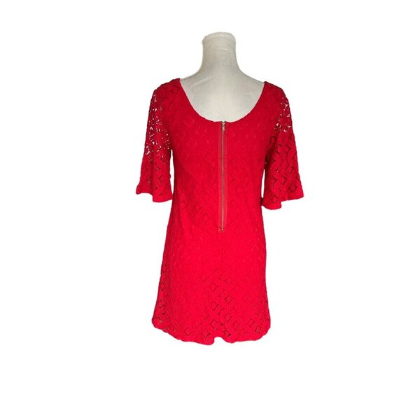 Love Notes Size M Red Lace Dress Bell Sleeves Oversized Zipper Classic Demure - Picture 3 of 11